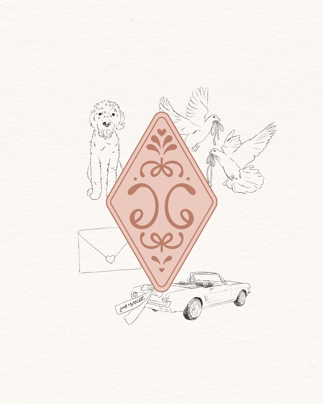Romantic hand-drawn brand illustrations and monogram for wedding photographer with a vintage, storybook-inspired aesthetic.