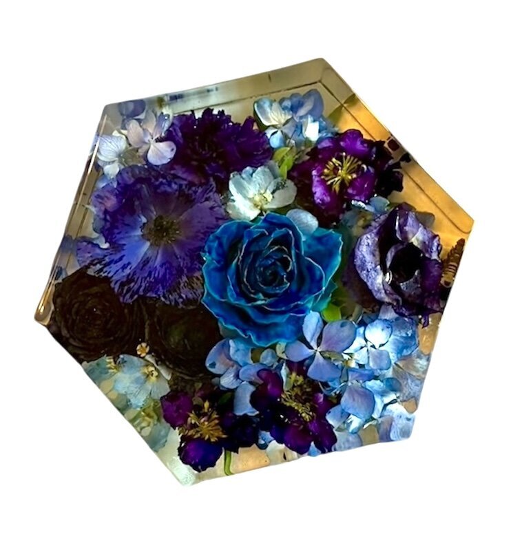 9” hexagon resin blocks with bright purple blue and white wedding flowers preserved as a family heirloom