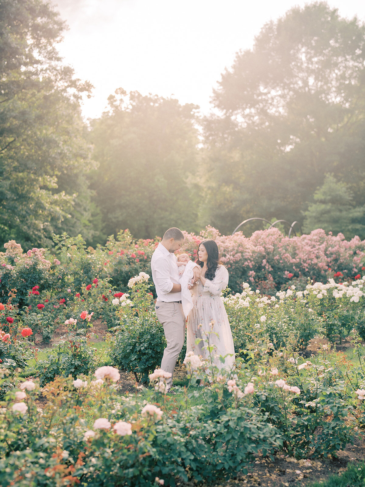 Mother and father stand together in a rose garden in Northern VA holding their baby girl.