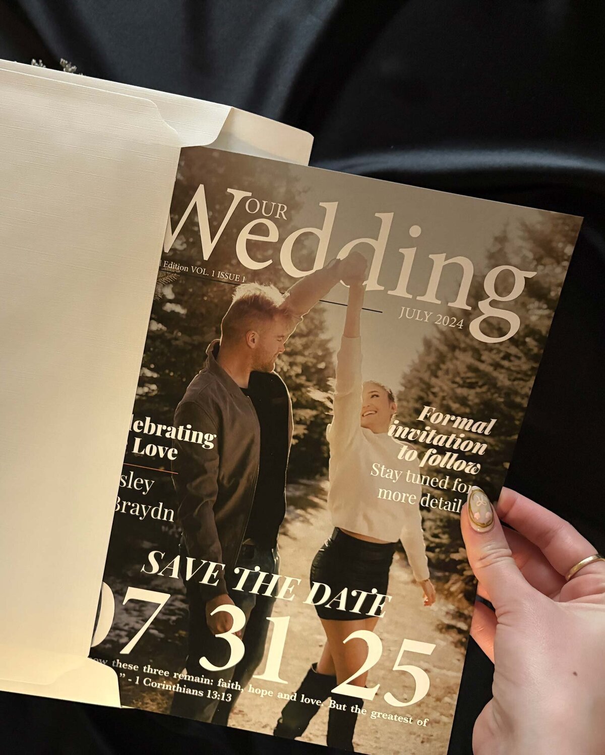 Photo-based save the date card with modern typography and mailing envelope