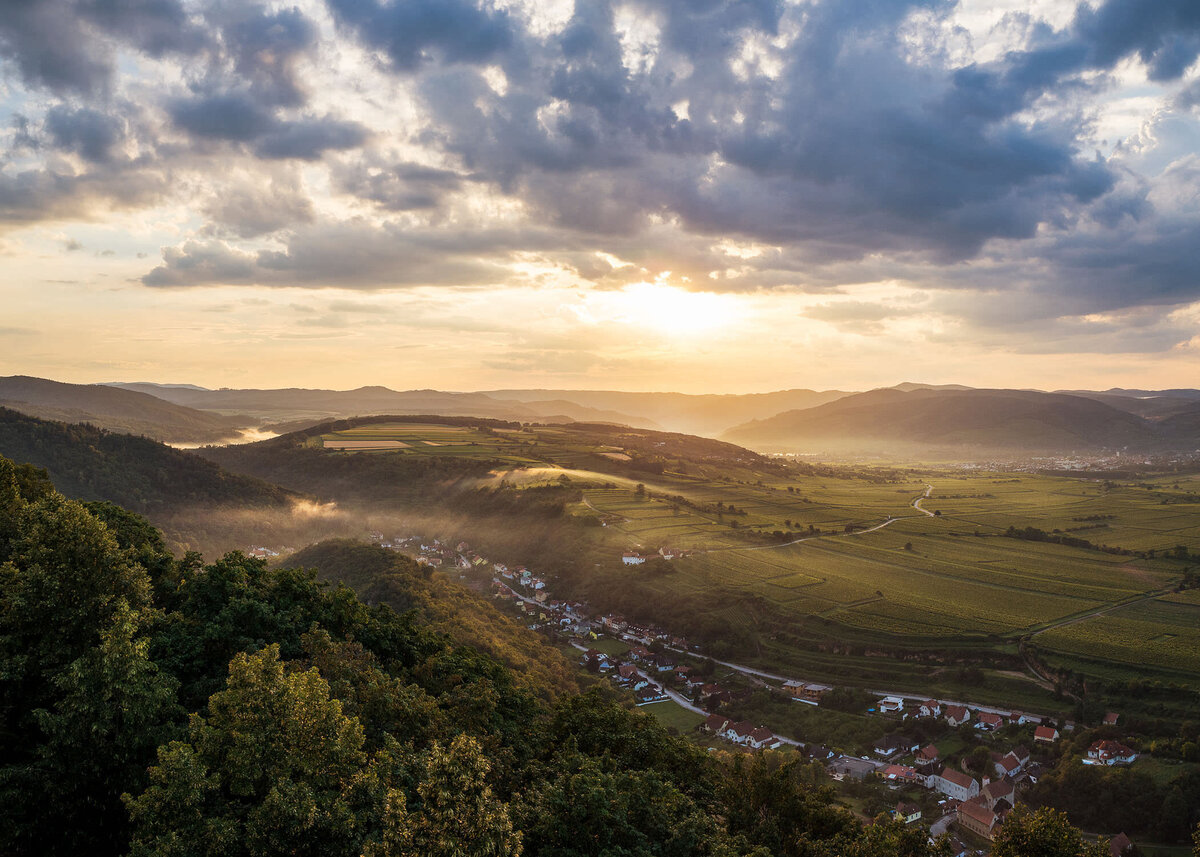 Weinberge in der Wachau bei Sonnenuntergang mit Blick auf das Benediktinerstift Göttweig – stimmungsvolle Alpenvorlandlandschaft vom Fotograf Atelier Schulte – österreichweite Landschaftsfotografie mit Tiefe und Atmosphäre.