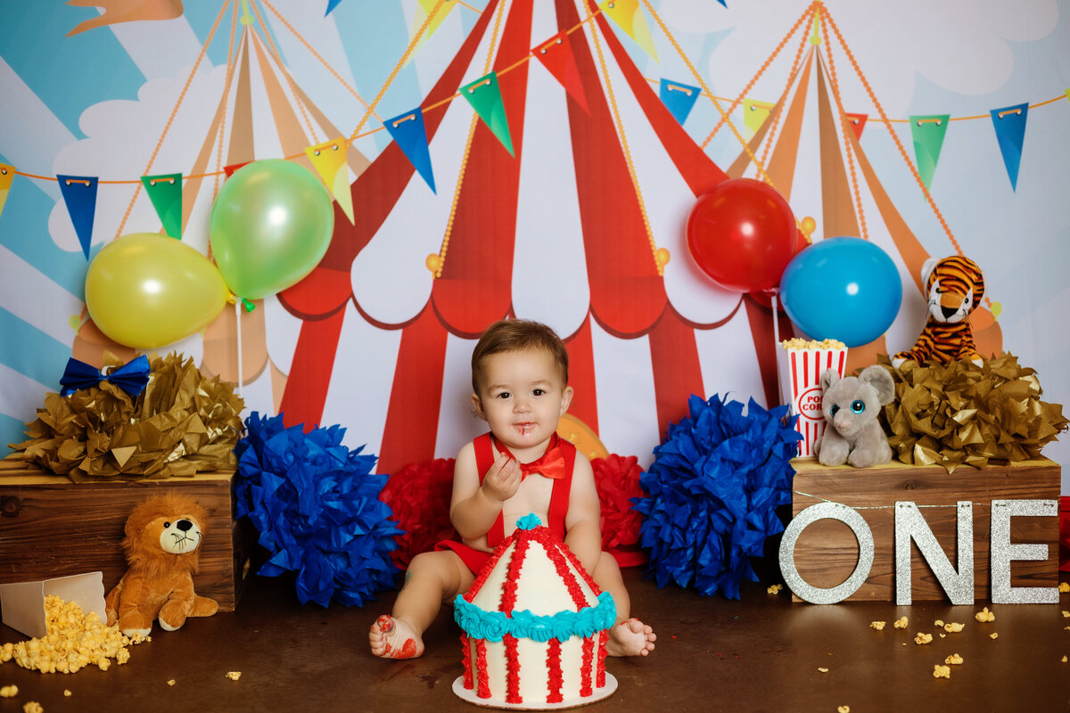 Cake Smash Photographer, a one year old baby sits before a circus cake and a circus themed backdrop