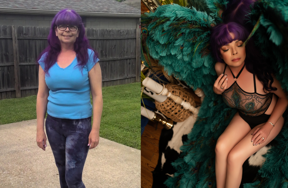 Before and after transformation showing hair and makeup from a BombShell Boudoir session