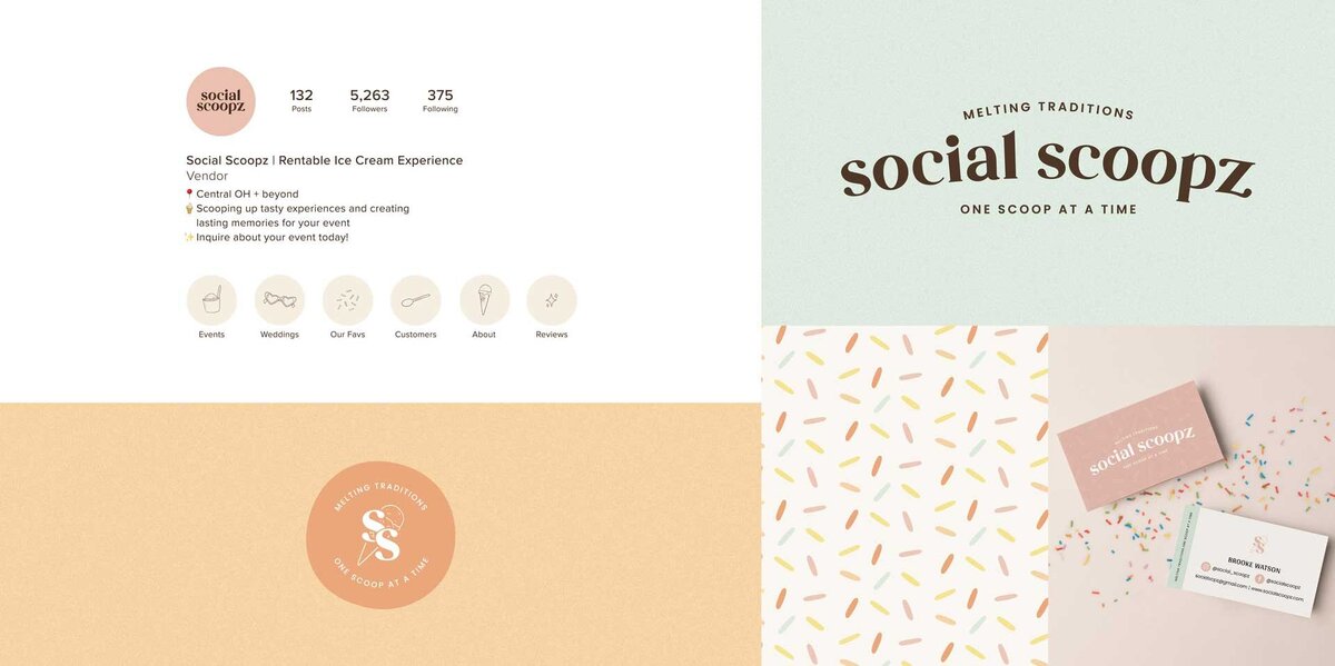 Instagram highlights, business card, and logo design elements for ice cream cart wedding vendor