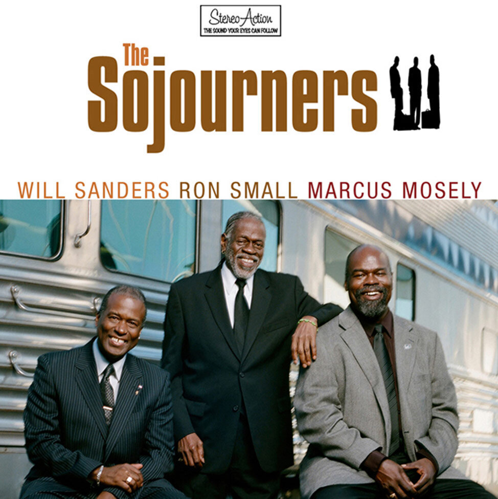Album Cover featuring The Sojourners three band members in front of bus two sitting one standing between them all wearing suits Self Titled