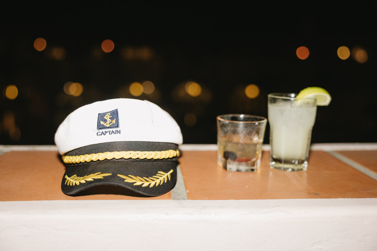 Captain hat with drinks at wedding reception at Hilton Beachfront Resort Santa Barbara