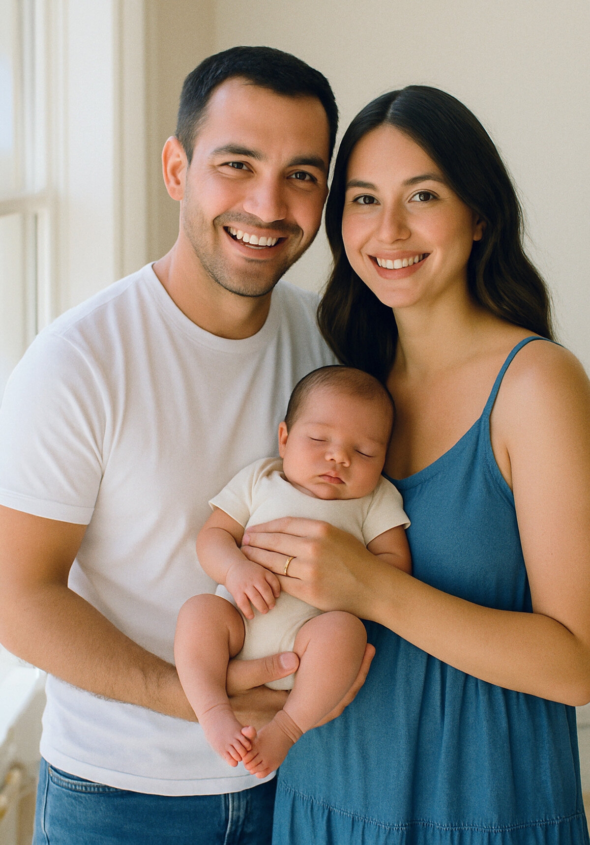 Couple holding newborn baby during in-home family session in Palo Alto