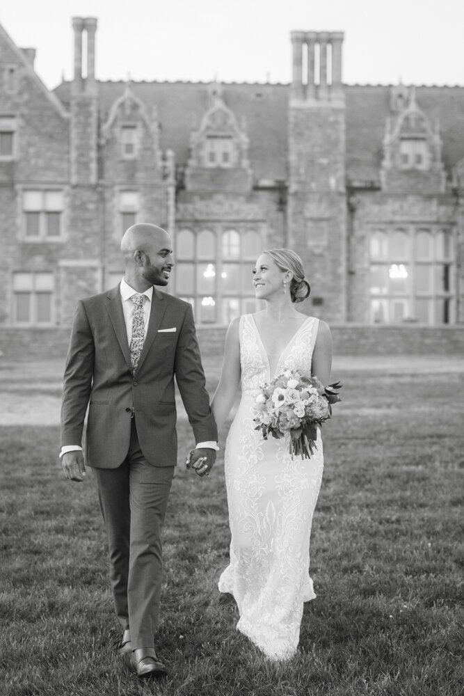 gorgeous black and white portrait of bride and groom - gold shoes and wedding details - branford house wedding