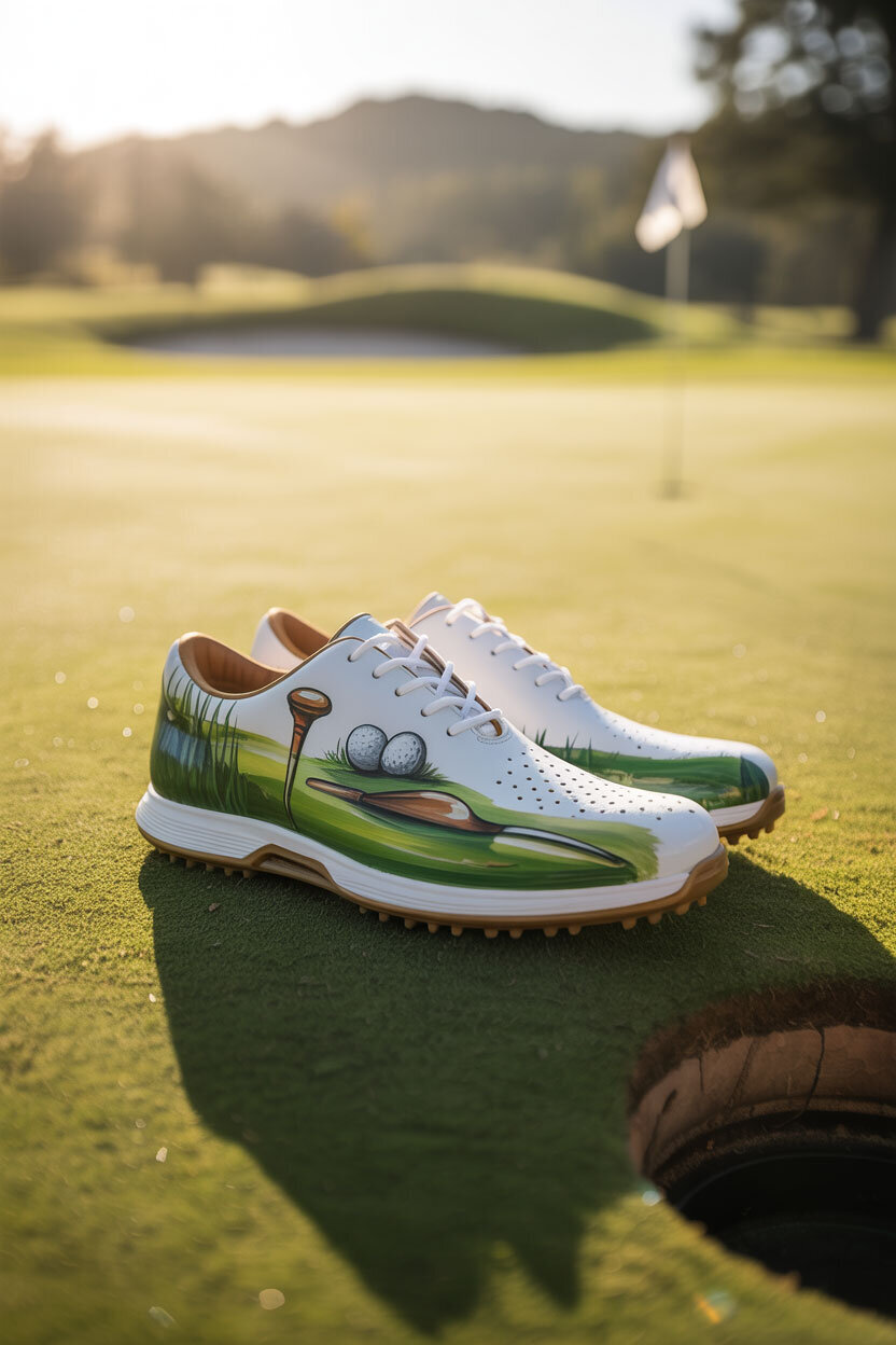 A branded photography shot of custom painted golf shoes in a generic golf theme