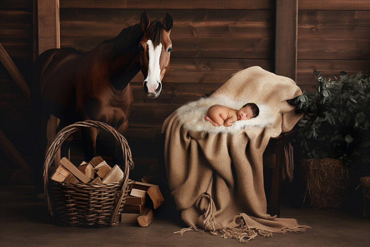 newborn baby sleeping on a soft blanket in a stable setting with a horse standing over him