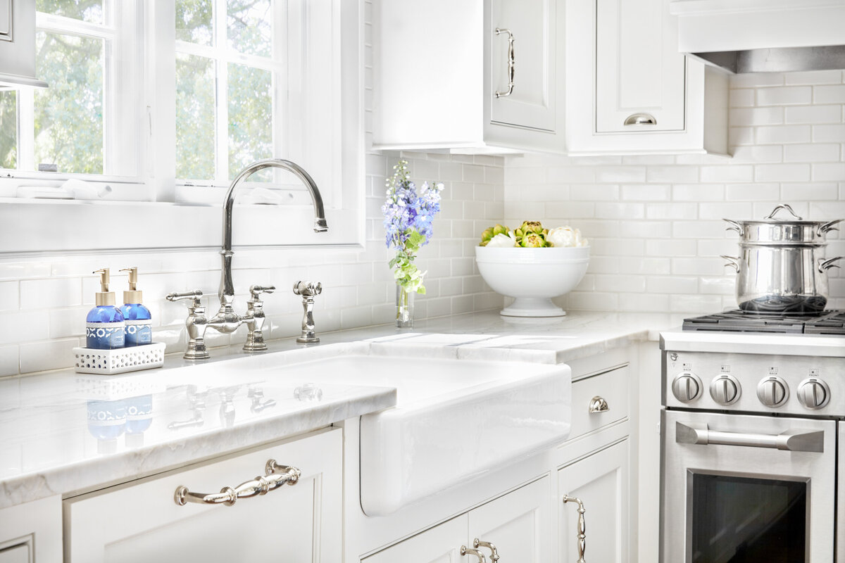 Panageries Residential Interior Design | Vibrant Classic Bungalow Kitchen Farmhouse Sink and Stove