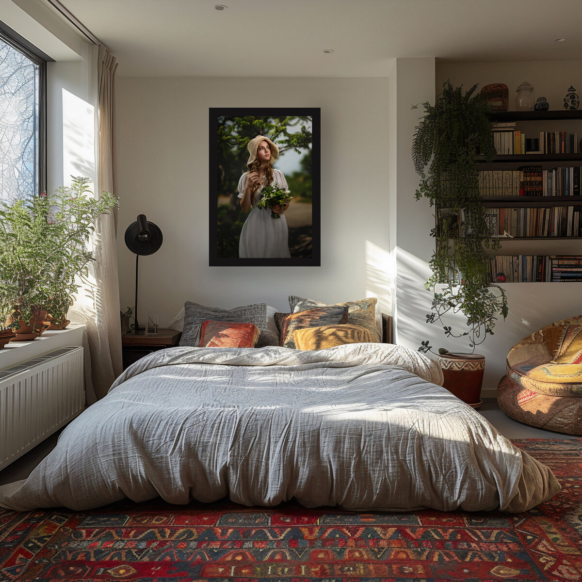 A portrait in a black frame hangs above a grey bed by a window