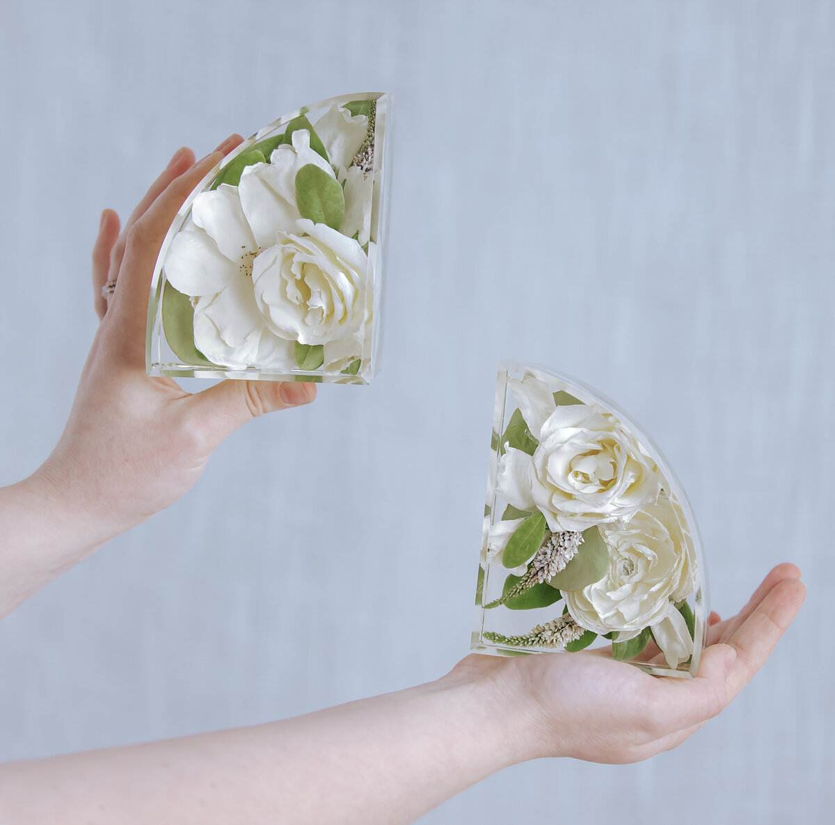 wedding bouquet preserved into resin bookends