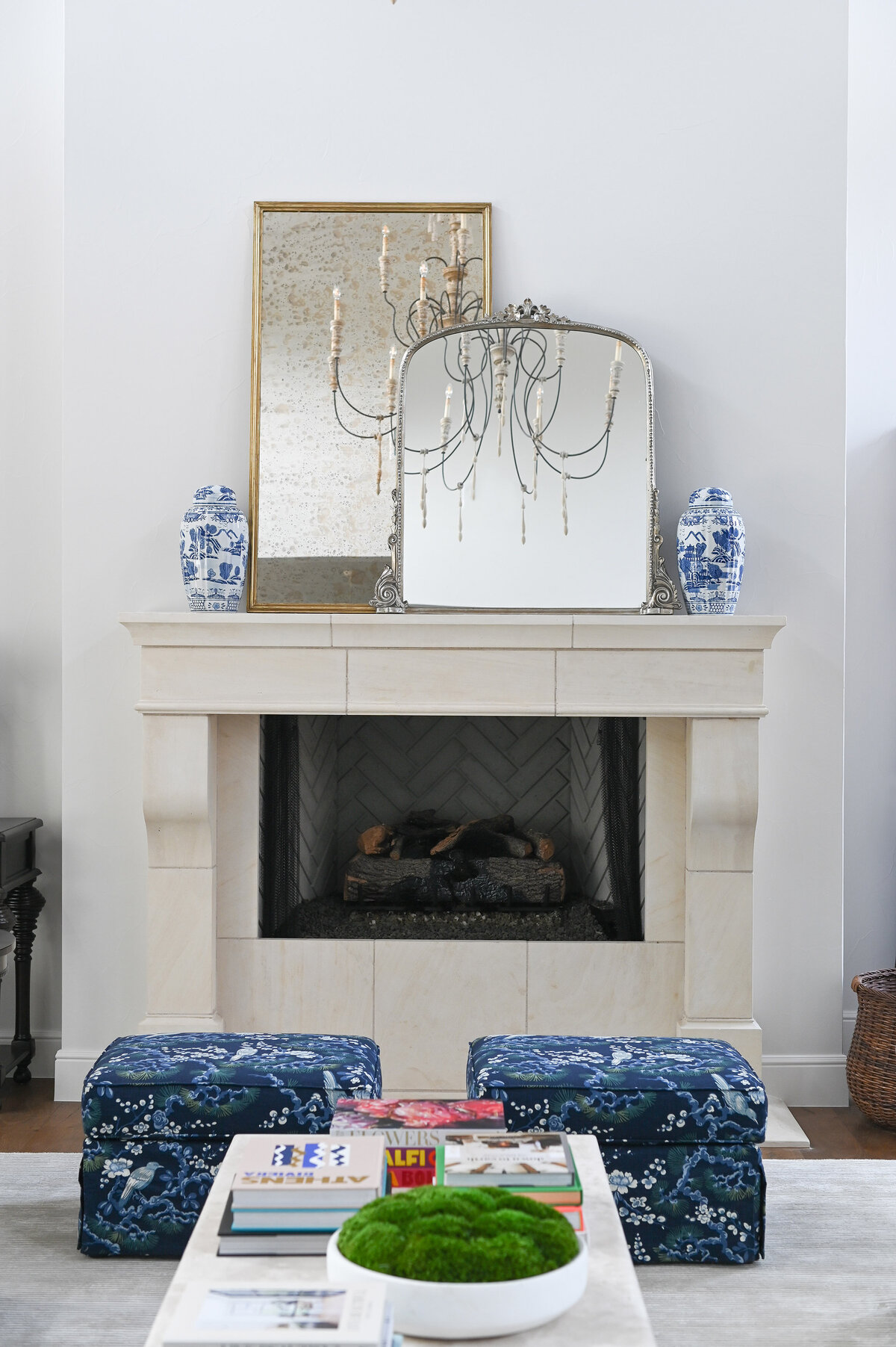 fireplace with mirrors on mantle