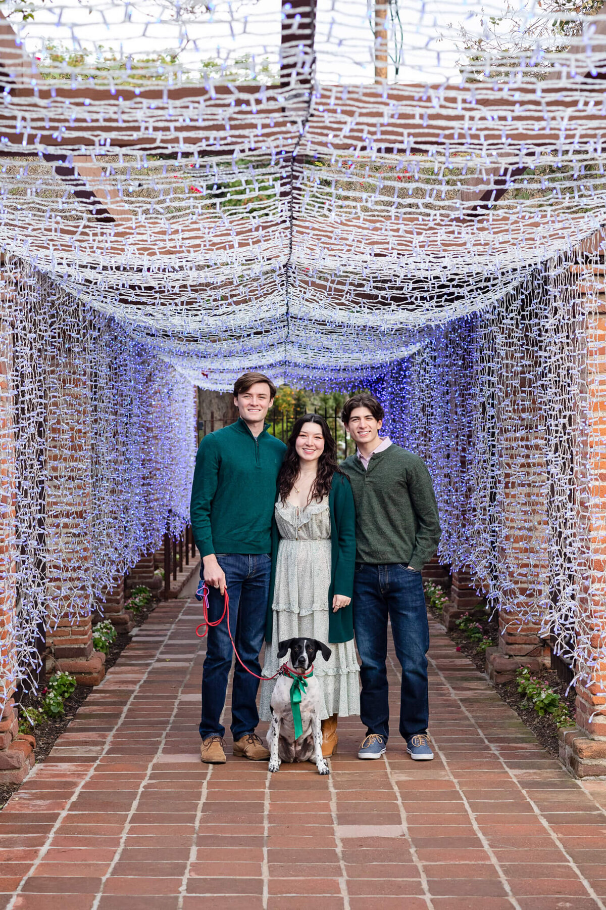 Three siblings standing in a courtyard with their dog, underneath Christmas lights.