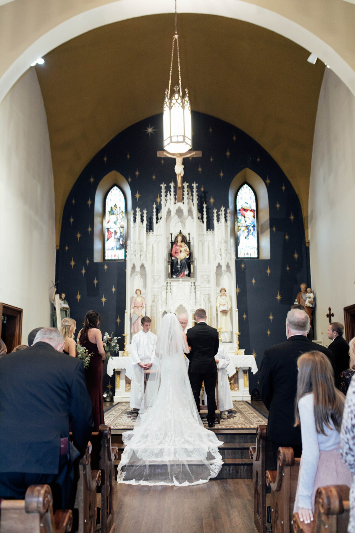 Bride and groom at church wedding ceremony.