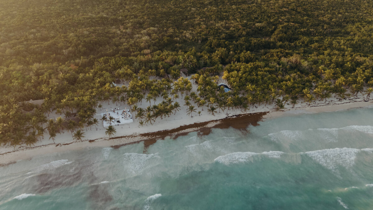 Overhead Drone photo of a wedding venue in Tulum along the oceanfront