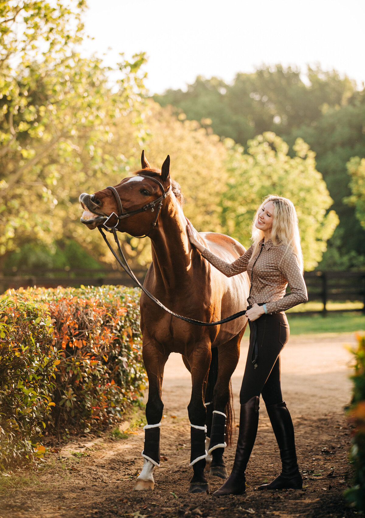 horse raising lip stood with blonde owner