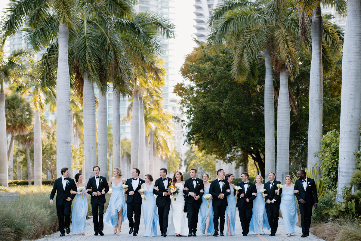 Wedding party walking along a palm tree-lined path in Miami, Florida