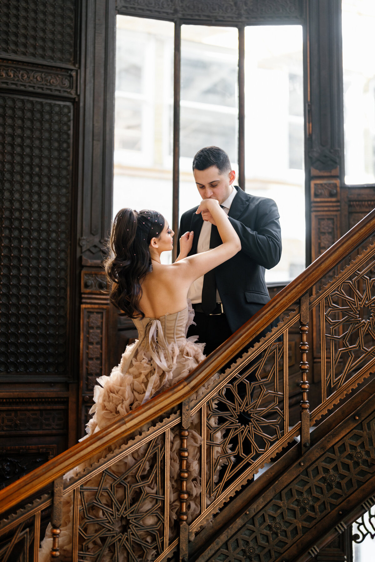 Aspen-Avenue-Chicago-Wedding-Photographer-Rookery-Engagement-Session-Histoircal-Stairs-Moody-Dramatic-Magazine-Unique-Gown-Stemming-From-Love-Emily-Rae-Bridal-Hair-FAV-7