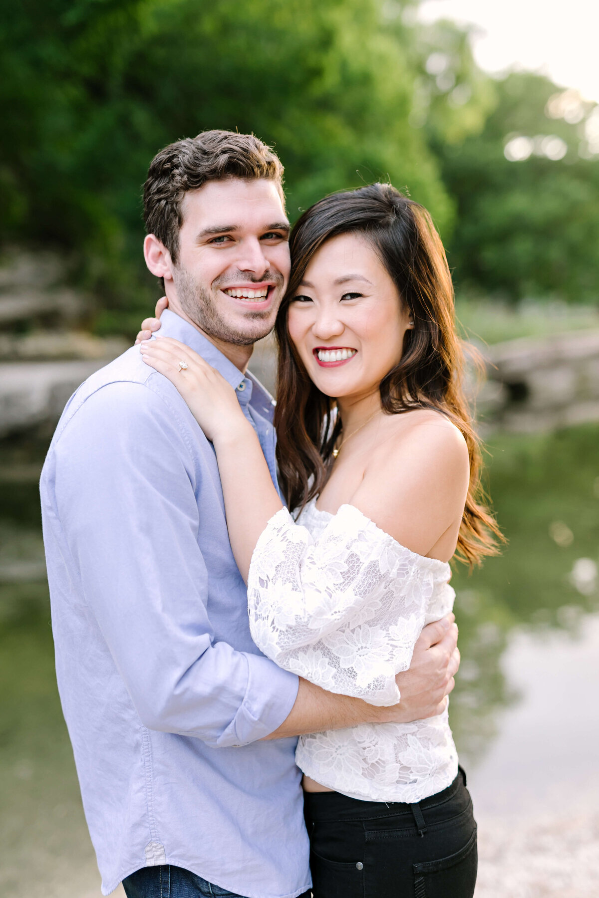 Couple embracing at an engagement session