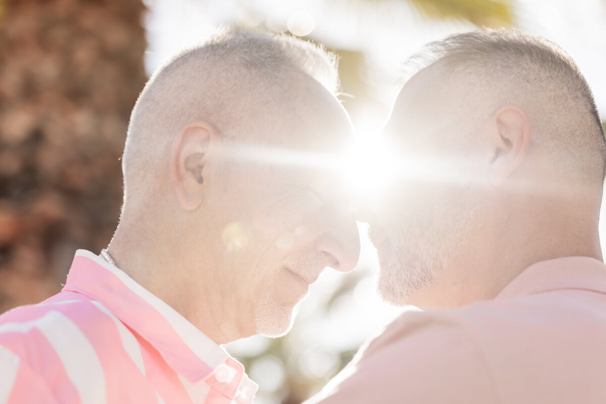Backlit close-up of couple sharing a quiet moment, faces softly touching with sunlight bursting between them.