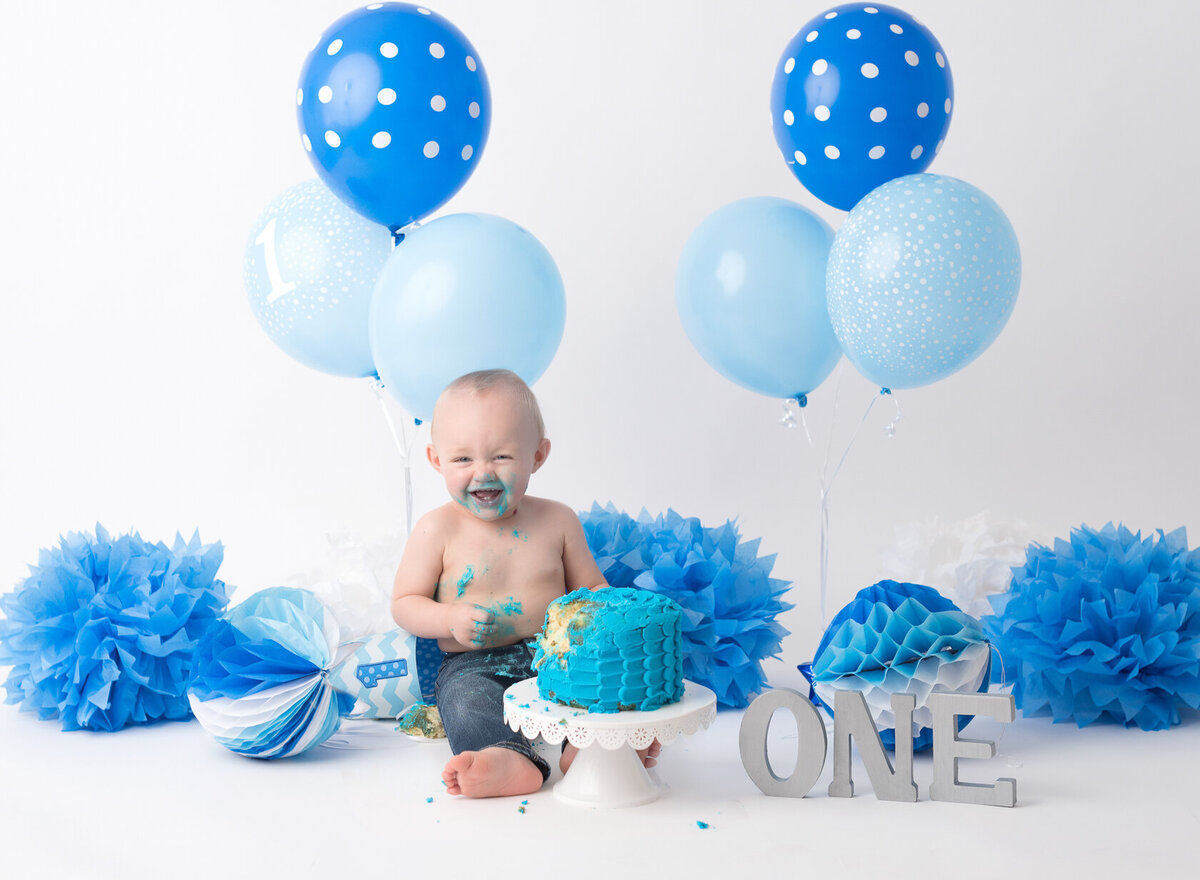 Blue and white baby cake smash themed photography