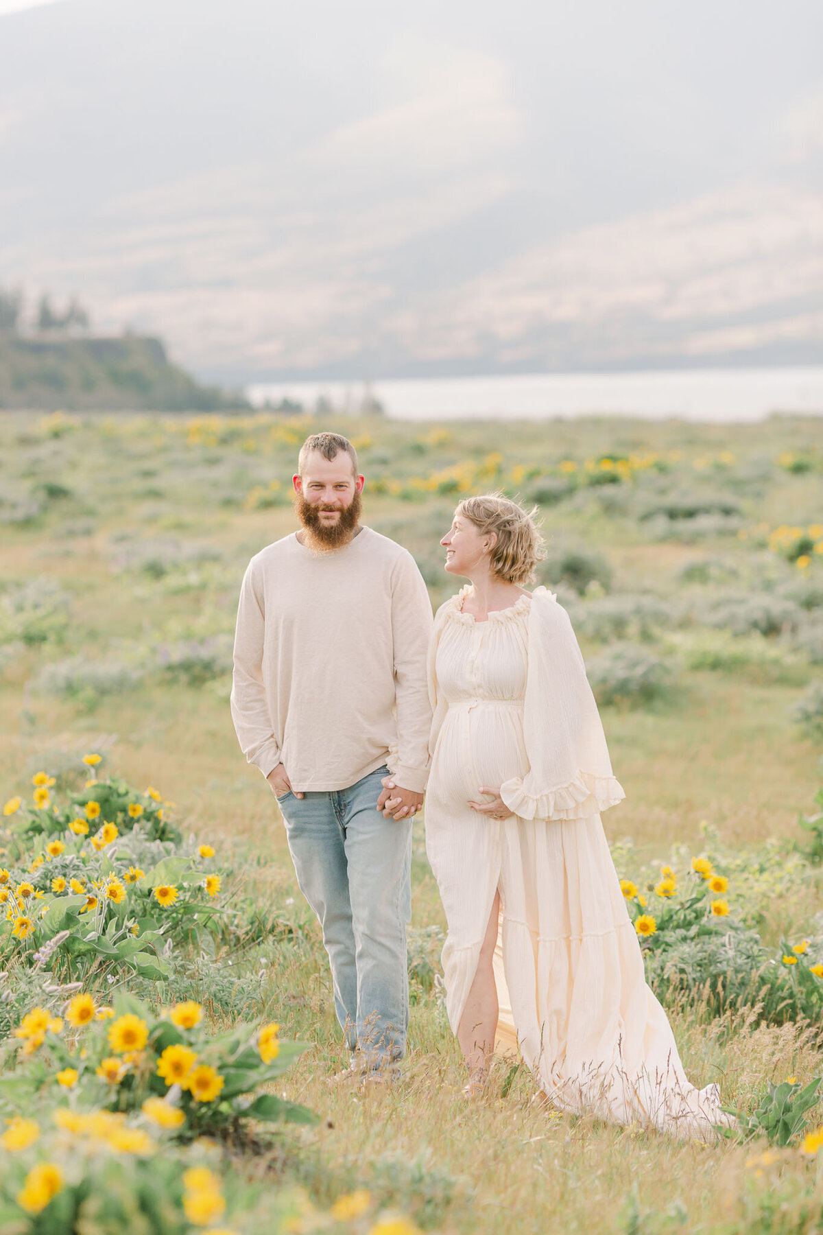 maternity photos at columbia river gorge during wildflower season