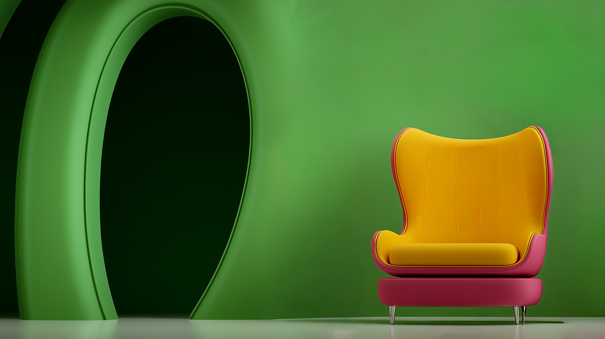 Modern orange chair beside a green arched wall, used as background for the Love Notes and testimonials section on Jasmina Kimova’s website.