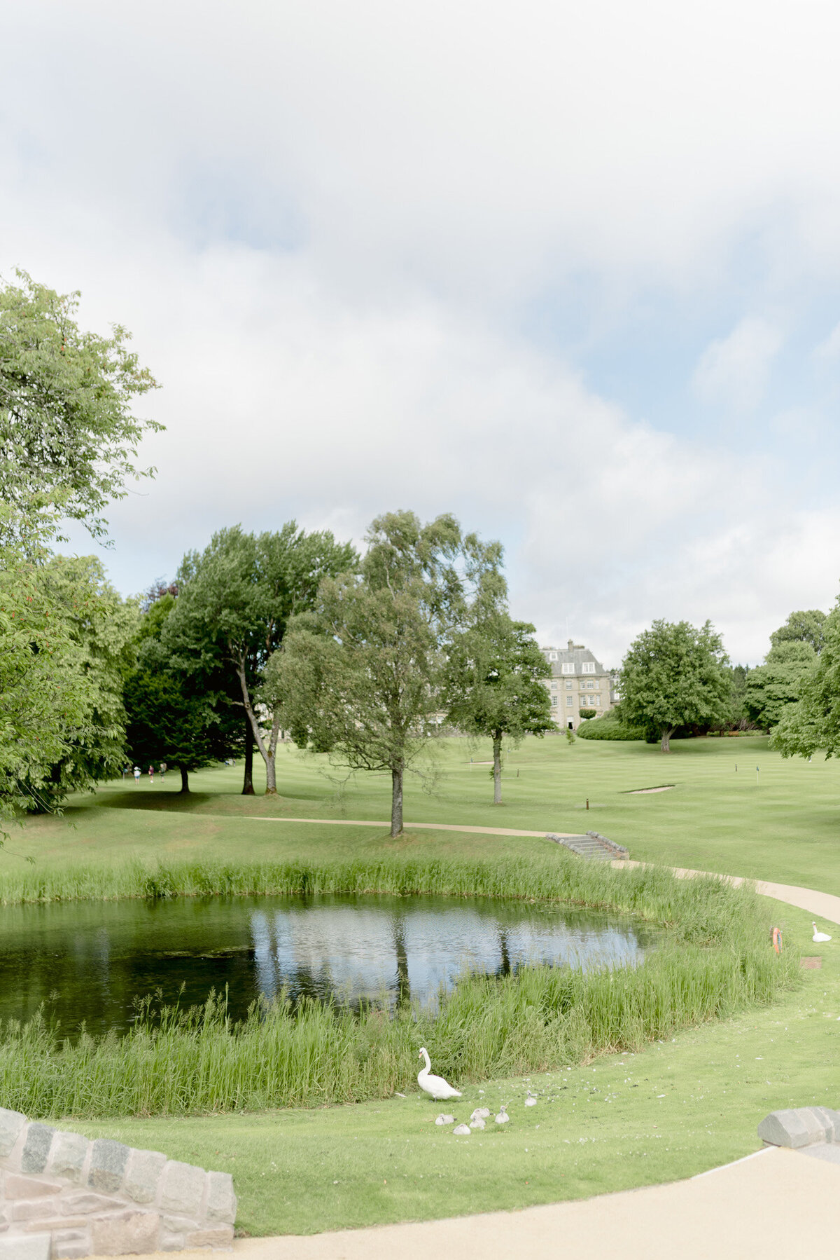 The grounds with swans on a Gleneagles wedding day,  image by Scotland wedding photographer, Jill Cherry Porter.