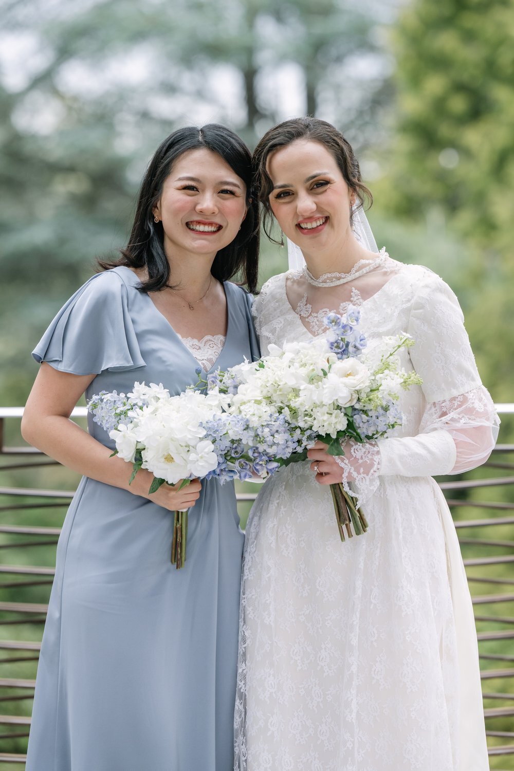 bride and bridesmaid blue dress