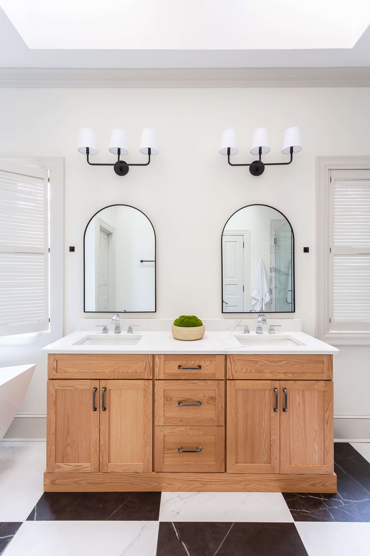 sweet southern home post project double wooden vanity in black and white tiled bathroom