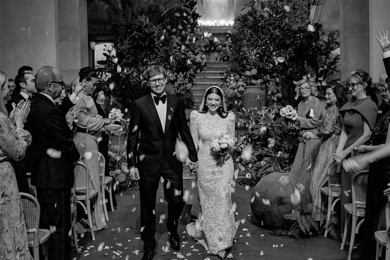 Bride and groom walking down the aisle after their Mexico City wedding ceremony