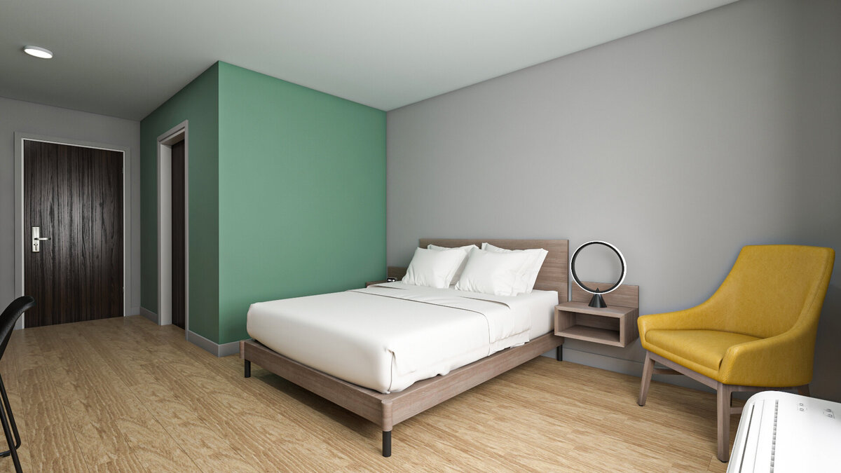 3D Rendering of Echo Suites by Wyndham hotel single queen guest room with wood frame bed