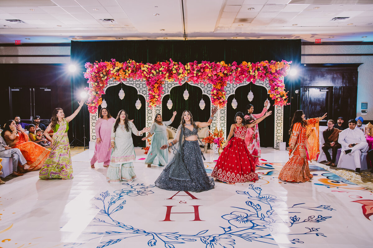 Indian bride performing at her sangeet with her bridesmaids at the westin mount laurel in nj
