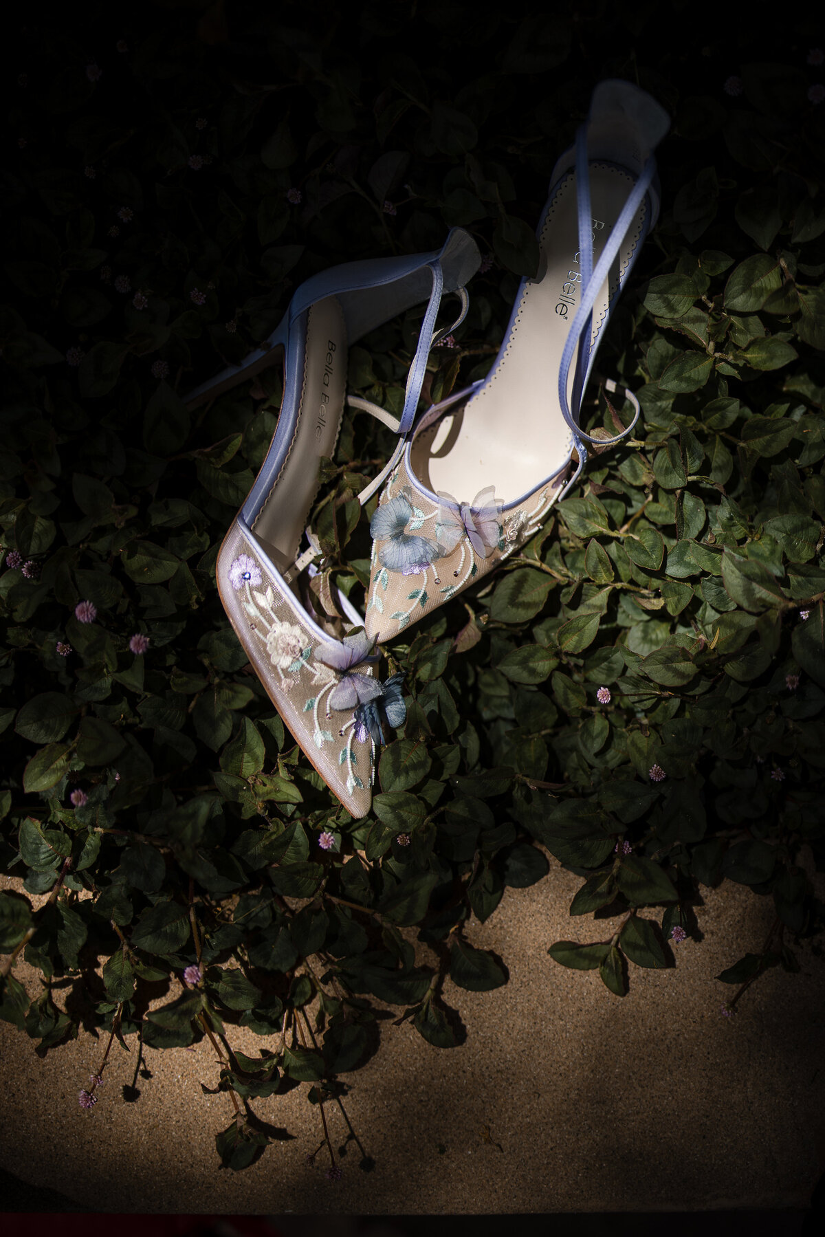 Delicate shoes with butterflies lay in greenery  at a destination wedding at Nestldown in Los Gatos, California