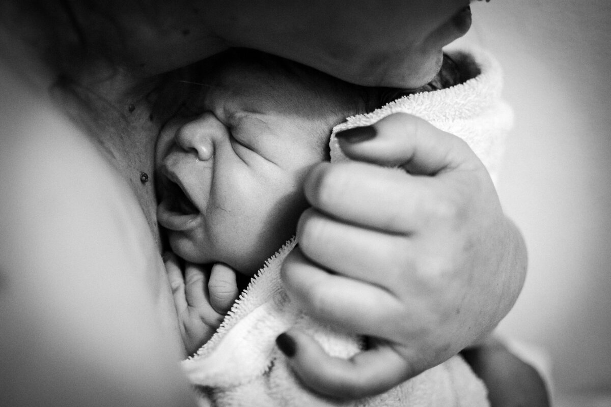 A peaceful image of the newborn resting in the arms of a parent, wrapped in soft blankets, symbolizing the comfort and security of their new life.