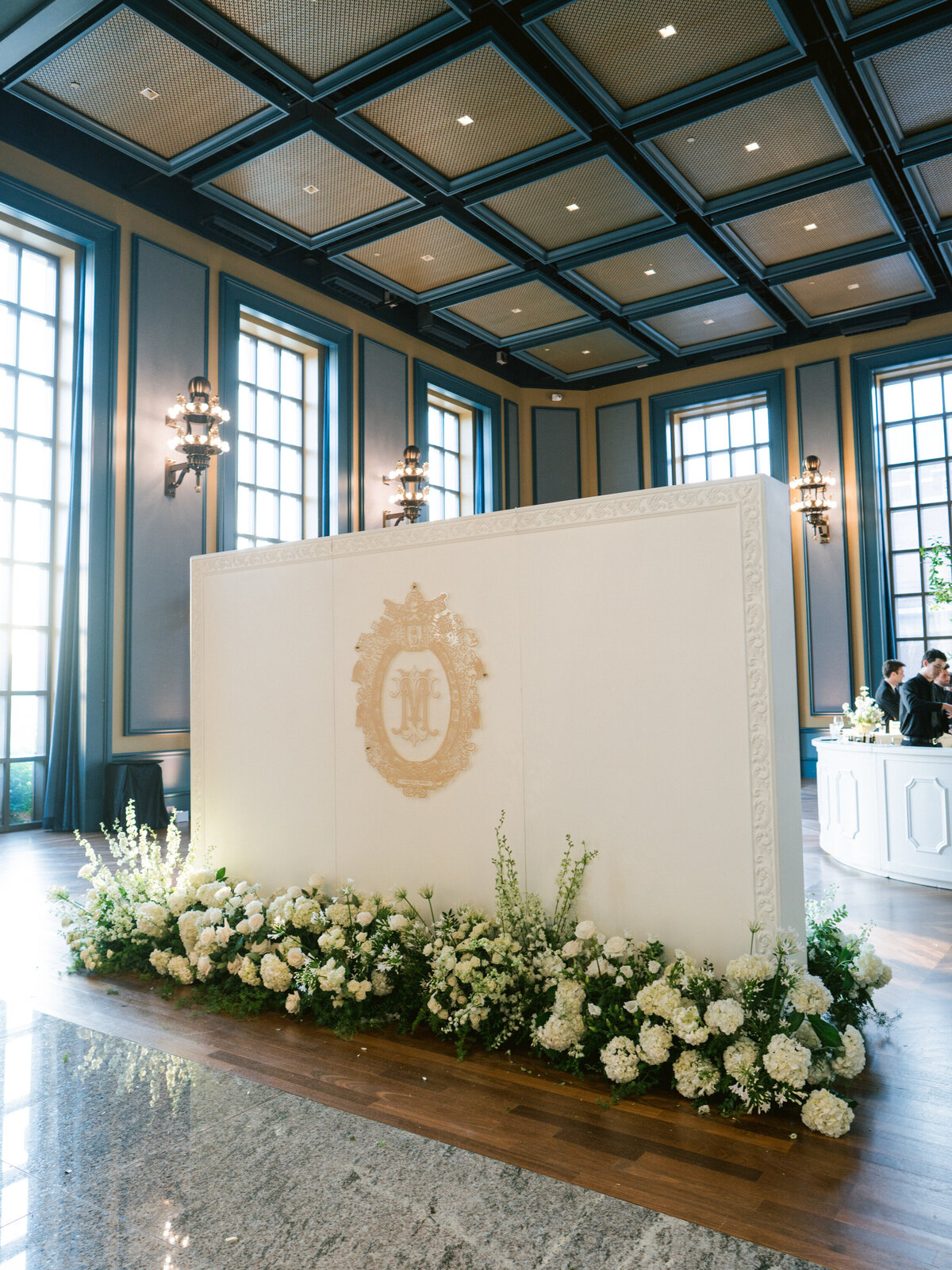 Backdrop for wedding photo op and open air photobooth at gold and white wedding in Nashville, TN