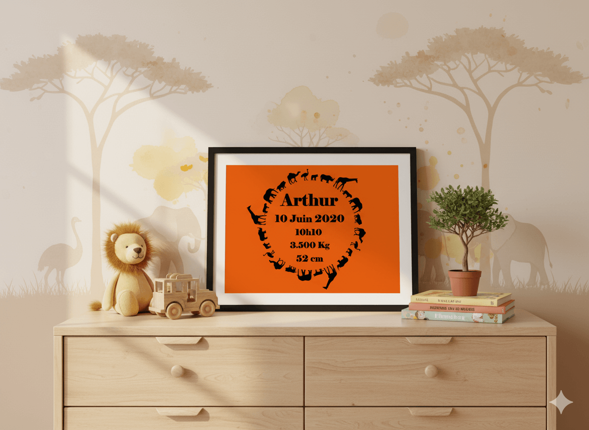 Cadre de naissance sur le thème de la savane, avec un cercle de silhouettes d’animaux autour des informations de naissance, posé sur une commode en bois dans une chambre d’enfant décorée de motifs safari. Le cadre affiche un prénom.