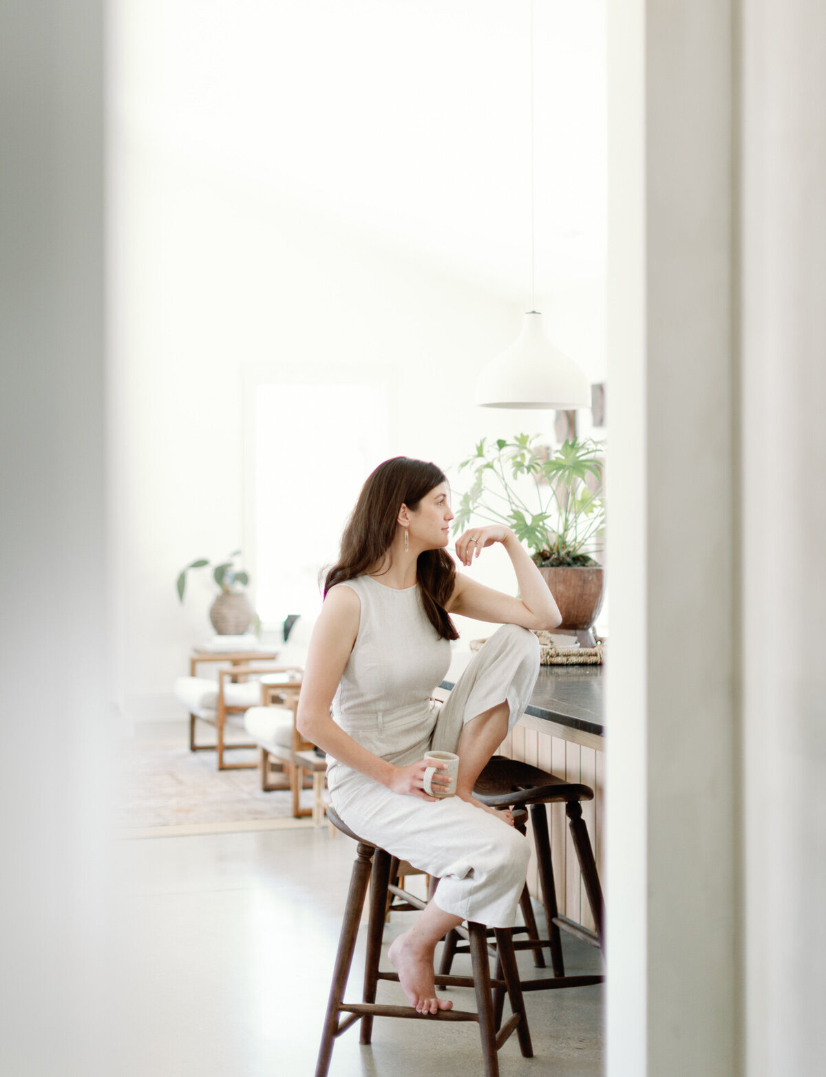 relaxed designer in kitchen at Fernhaus, Michigan, film interior photography, lifestyle film photography