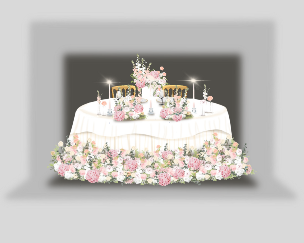 3-D drawing of an elegant sweetheart table in palace Daun Kinsky Vienna, designed by ÈCLAT Destination Weddings