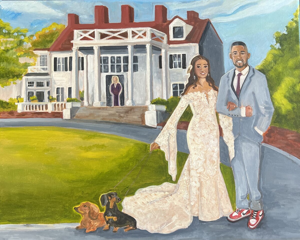 A regal portrait of a bride and groom and their dogs in an oil painting created by Olivia Andruss Artistry at the Manor House Denver Colorado.