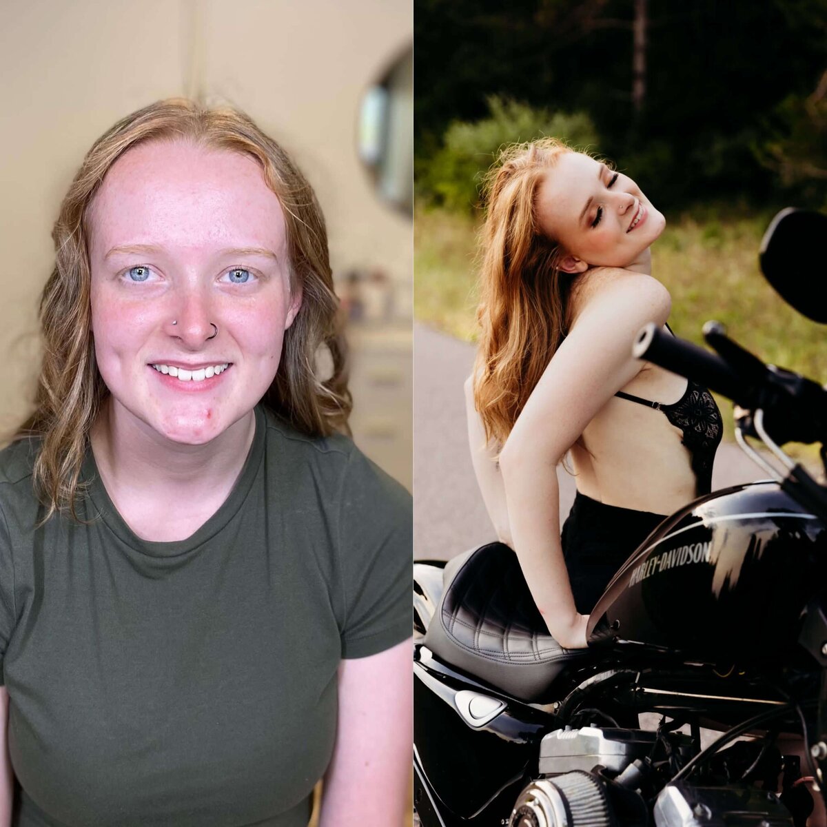 before and after of a woman without makeup and after with her makeup done while sitting on a motorcycle by Wisconsin Boudoir Photographer Ashley Kalbus