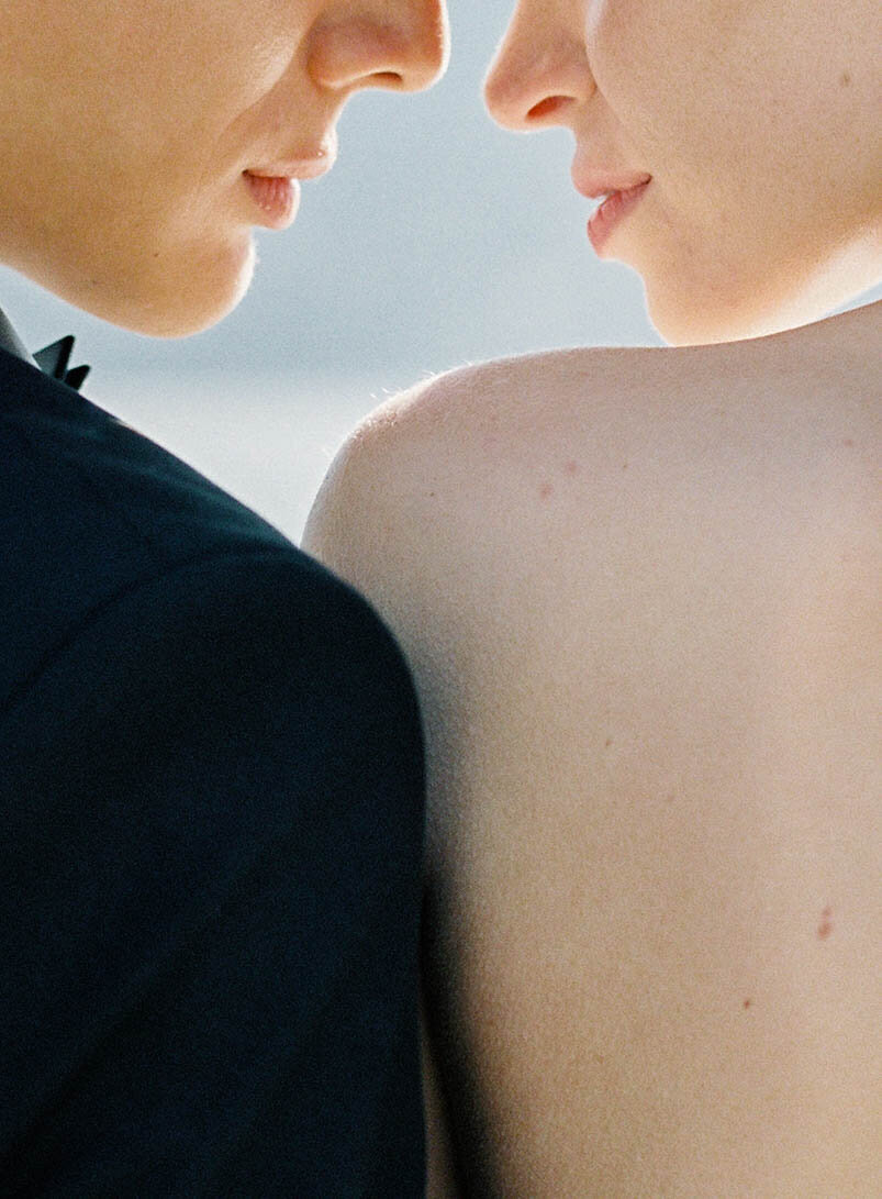 Film photograph of up close intimate photograph of bride and groom at their Lake Como wedding photographed by Lake Como wedding photographer