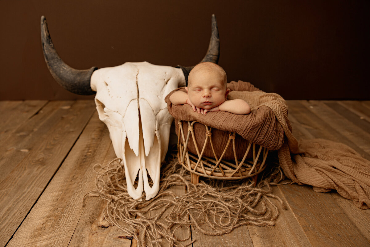 Western-themed newborn session with a baby boy curled in a cozy basket, styled with natural textures and bold props. Photographed by Inland Empire newborn photographer Kaitlyn Dawn.