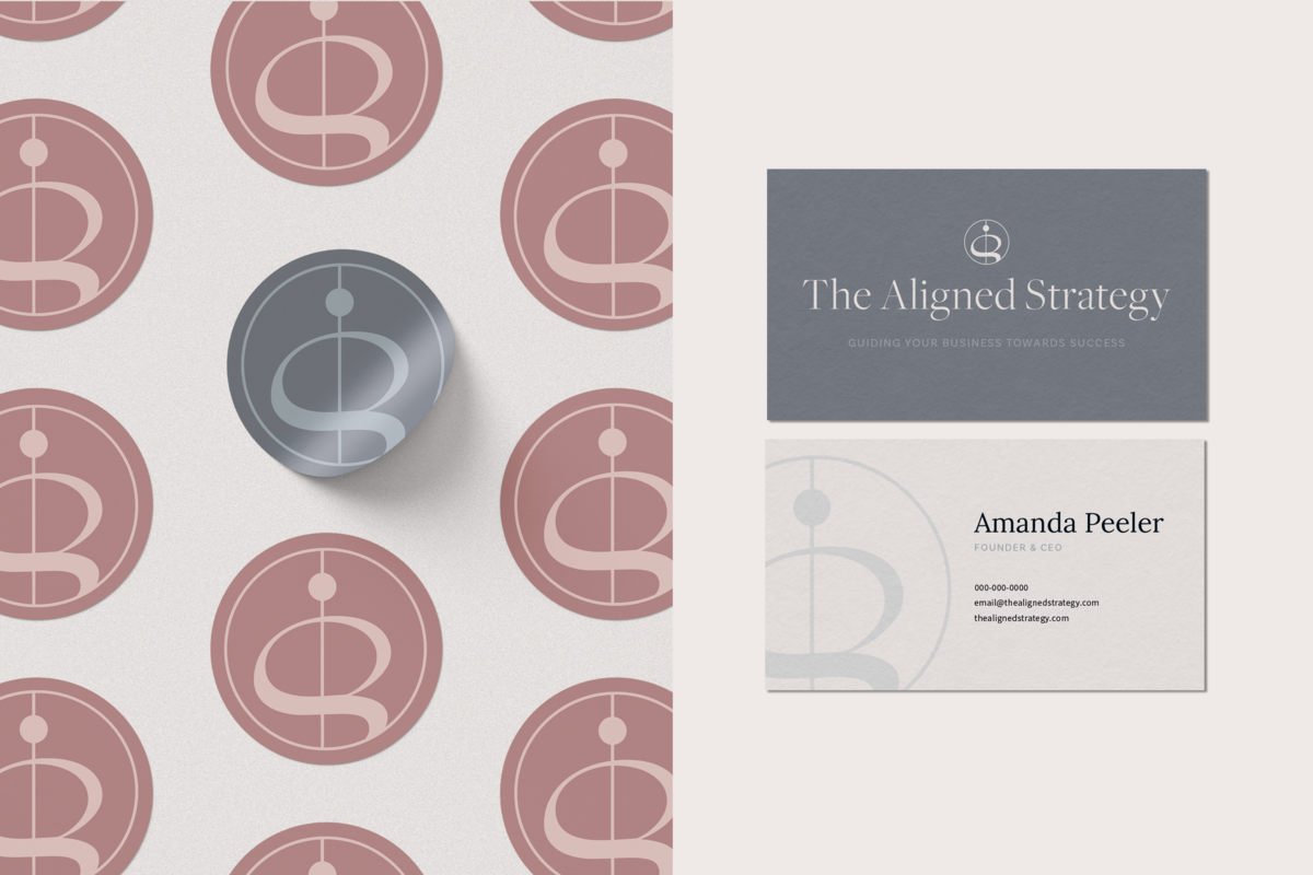 Pink and blue circle stickers with geometric Aligned Strategy logo on the left, The Aligned Strategy business card mockups on the right, beige background