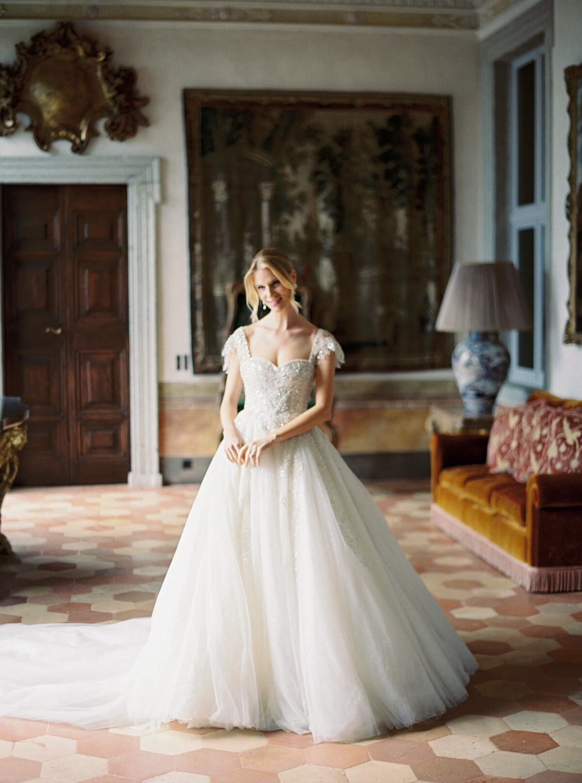 A wedding photo of a bride in her white wedding dress at Villa Balbiano on Lake Como in Italy