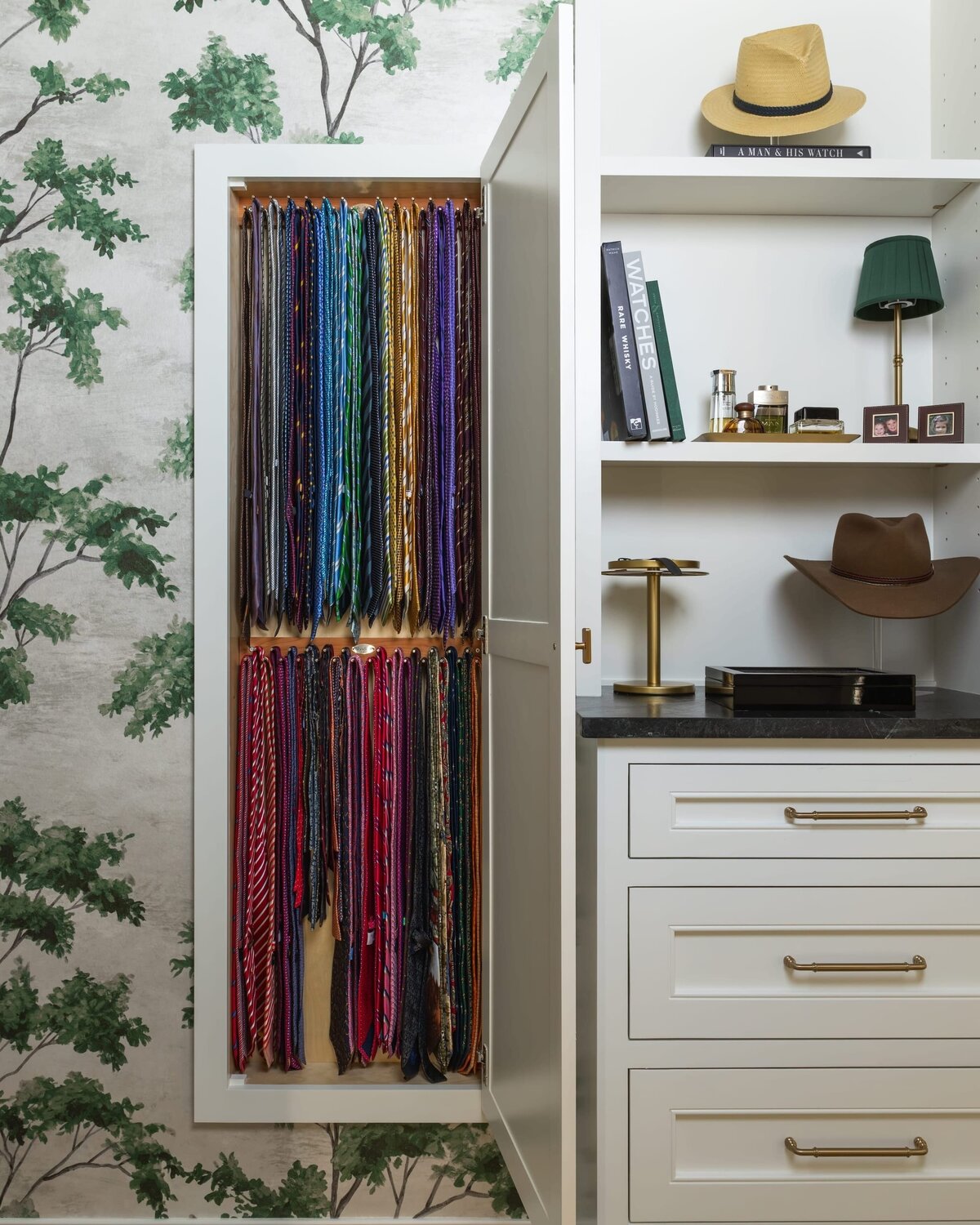 kyleen bushroe interiors coverdell mens ties in walkin closet with styled shelf of hats