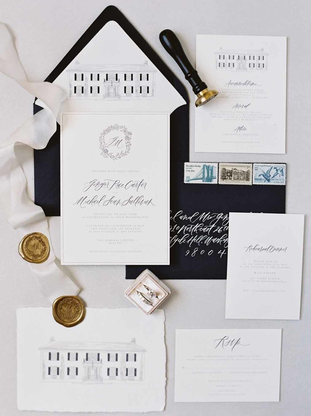 wedding stationary with navy accents and gold wax seals