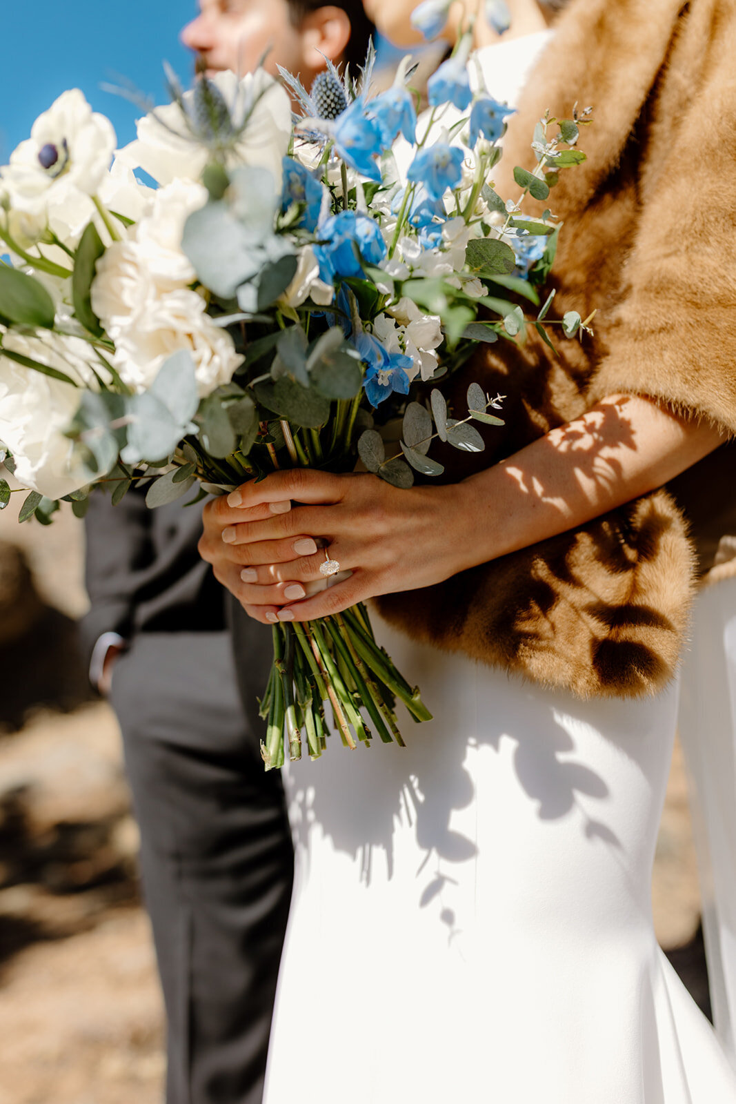 blue and white floral wedding bouquet